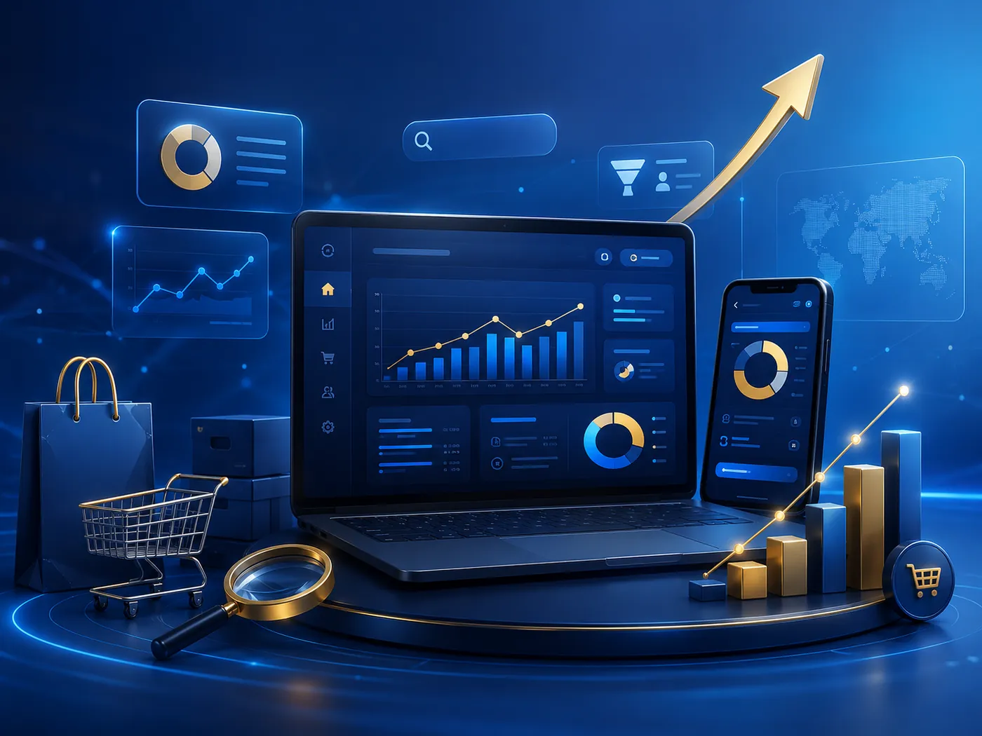 Painel visual de ecommerce e análise digital em azul e dourado